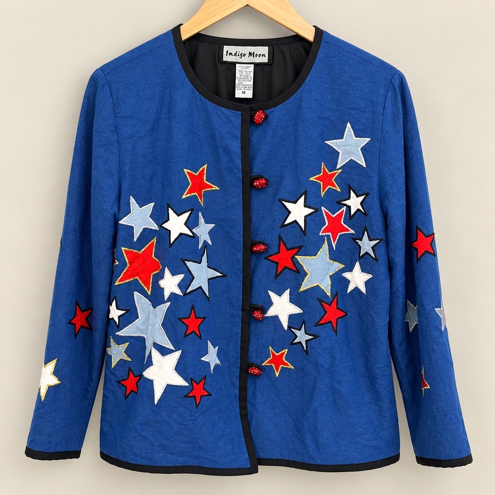 Indigo Moon Womens M Star Embroidered Linen Blend Jacket Blue Red White Novelty